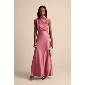 Lulus Distinctive Charm Rose Pink Satin Asymmetrical Maxi Dress - Size S